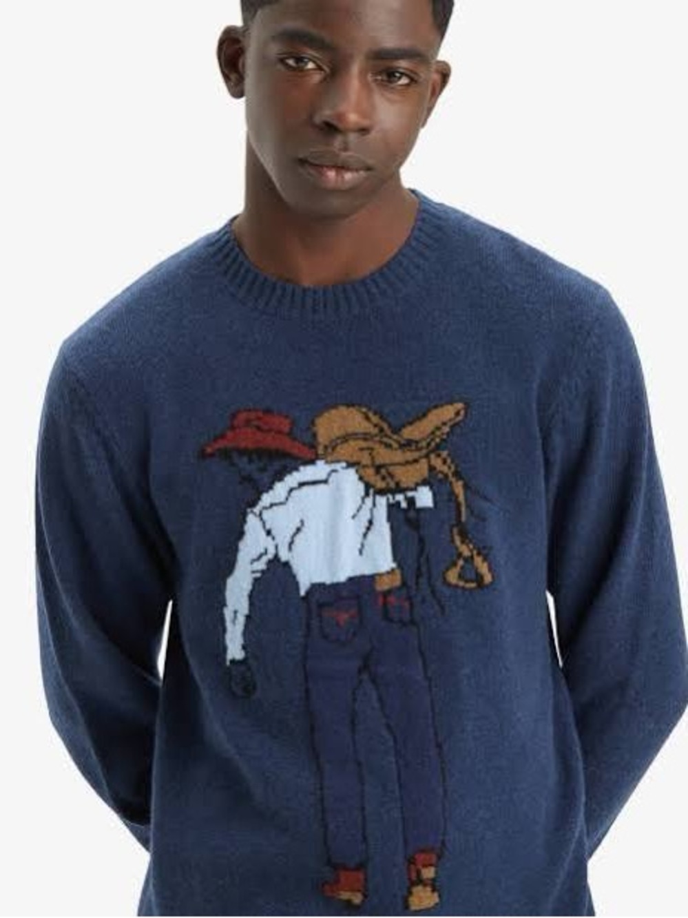 OXKNIT Saddelman Cowboy Print Blue Knit Sweater NWT Cotton Blend Size XL